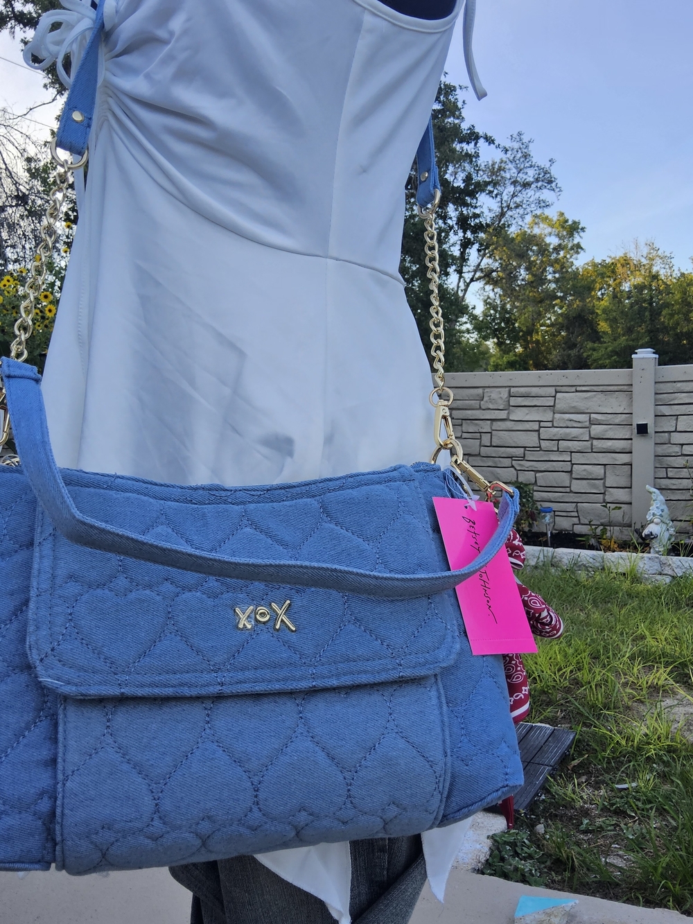 NWT-Betsey Johnson Denim Quilted Blue Shoulder Bag with Gold Hardware
